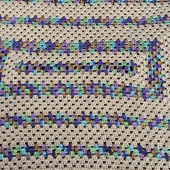 Tan & Mermaid Rainbow 71 X 83 Crochet Blanket Bedspread Love Granny Cottage Core - Picture 6 of 8